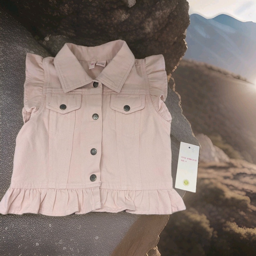 Kiwi Girls Light Pink Denim Vest Snap Front Ruffle Sleeve 4T 81989-LK SET